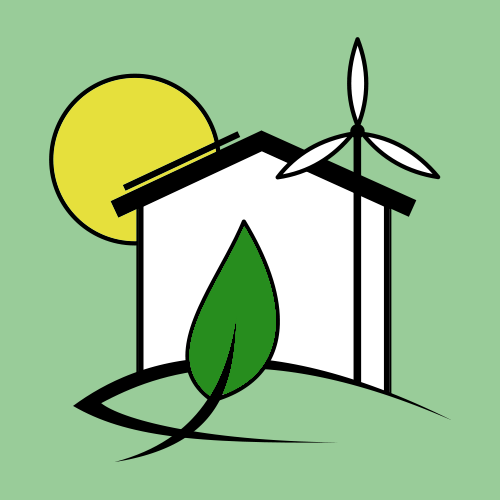 White shape with thick black line representing a house with a gable roof. A black line on the roof represents PV array. A circle filled in yellow on the left represents the sun. A black line with three equally spaced ovals at the top represents a wind turbine. A green teardrop in the front represents a leaf.